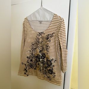 Laura Ashley 3/4 sleeve top. Size Large. Tan stripe with brown and green flower.